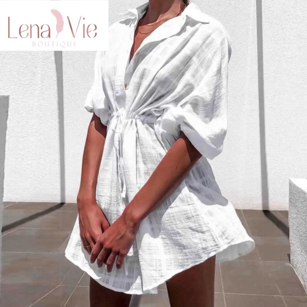 Lena Vie | Sheer Cotton White Plaid Sexy Shirt Dress, Cover-up Sundress - Picture 4 of 15